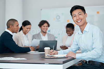 Buy stock photo Businessman, paper writing or happy intern in digital marketing meeting, global creative startup or advertising company. Employee portrait, smile or motivation worker in teamwork collaboration office