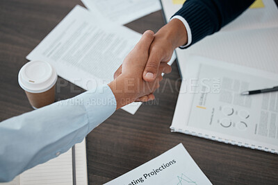 Buy stock photo Handshake, business and partnership agreement, contract deal or welcome in conference room. Hand, corporate people and employee meeting with paperwork, professional analysis and strategy in workplace