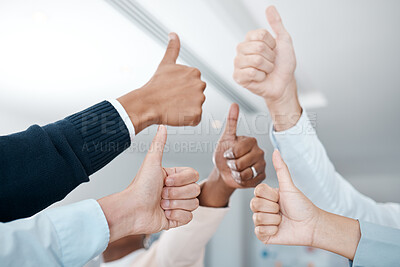Buy stock photo Hands, thumbs up and business people hand agreement closeup in support of trust, thank you and a job well done. Success, teamwork and trust with corporate team of colleagues showing yes in office