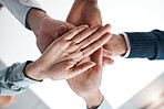 Teamwork, hands and collaboration in business people working together in the office. Diversity, partnership and team in corporate workspace with hand stack for support, motivation and success at work