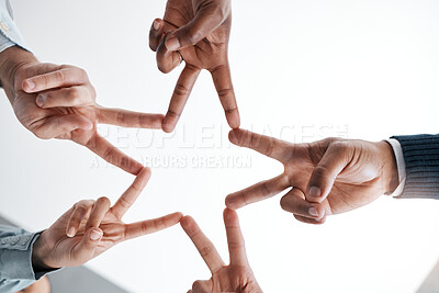 Buy stock photo Support, community and peace sign with hands of business people in collaboration for networking, mission and vision. Goals, teamwork and innovation with star and fingers of employee for partnership