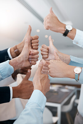 Buy stock photo Thumbs up, business people success and hands in modern office of teamwork celebration, review and motivation. Closeup corporate group of winner employees, support and like emoji vote of goal feedback