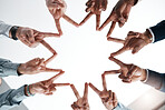 Group, hands and fingers do sun for peace, solidarity and diversity in team at business. Teamwork, trust and fun at work in corporate, finance or marketing with sign, together and hand signal