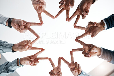 Buy stock photo Group, hands and fingers do star for peace, solidarity and diversity in team at business. Teamwork, trust and fun at work in corporate, finance or marketing with sign and hand signal together