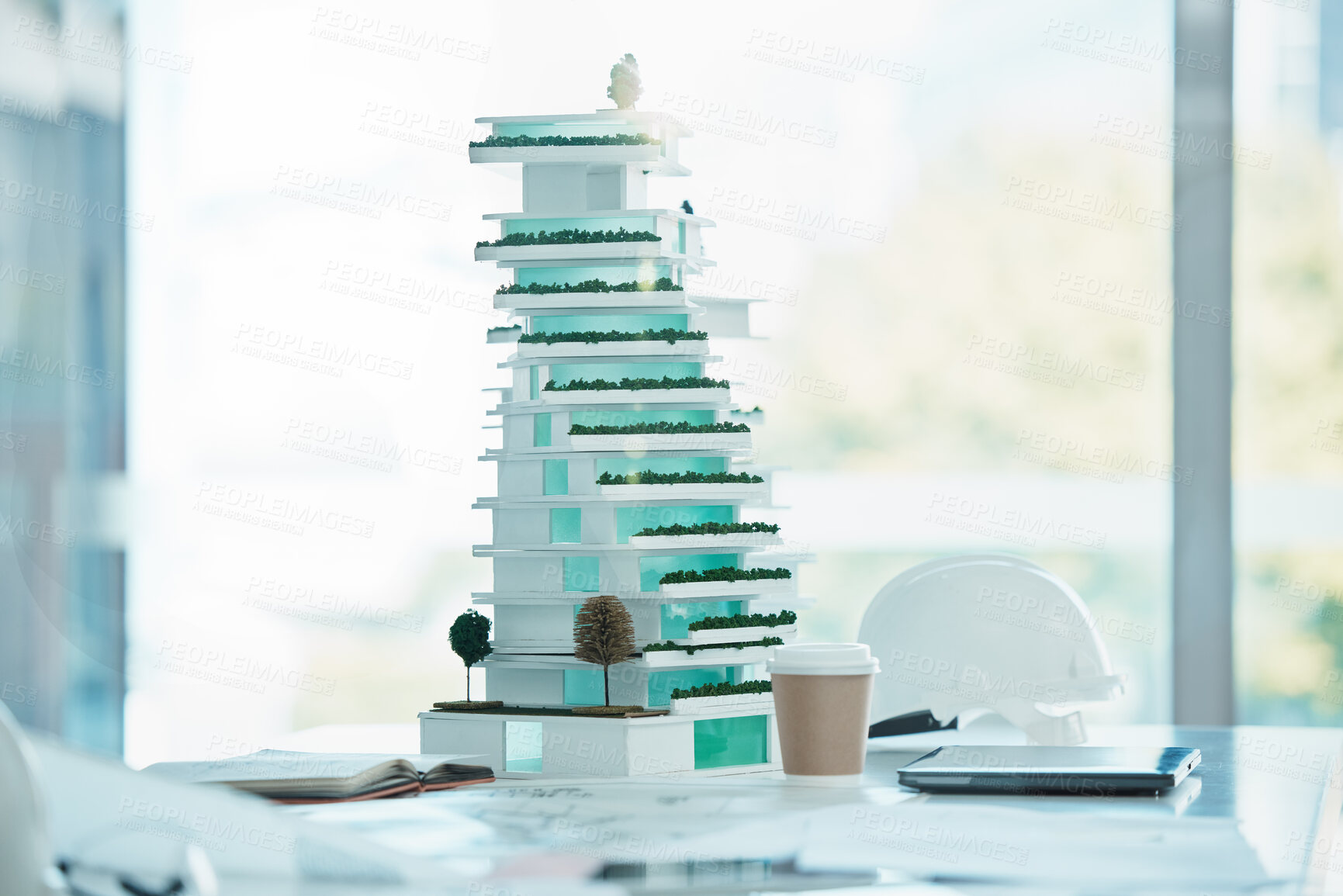 Buy stock photo Architecture, model and mockup design of a 3d miniature future building on a table in office. Engineering, planning and mini apartment construction structure for architectural or industrial project.