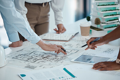 Buy stock photo Architect, hands and planning building on paper for construction design or layout at the office. Group hand of employee in teamwork project plan for architecture working on model build or blueprint