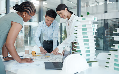 Buy stock photo Team, architect and talking about construction in office for building, planning and new strategy collaboration
Blueprint, teamwork and engineer group brainstorming plans, in workplace and workspace.