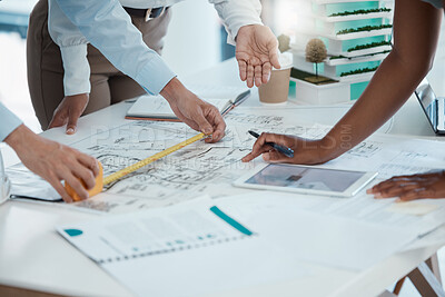 Buy stock photo Blueprint, construction and architect team planning in meeting, drawing on paper and collaboration for building project. Hands working in architecture with strategy on document and tablet in office