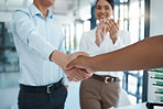 Management shaking hands with applause of meeting, consulting and hiring agreement of deal, partnership or office onboarding. Business people welcome handshake, hr promotion opportunity and b2b sales