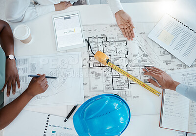 Buy stock photo Architecture hands, blueprint design and property planning, engineering model and construction company. Above creative team, building floor plan sketch and drawing development for industrial project