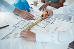 Architecture hands, blueprint design and tape measure for construction scale, property planning and building logistics. Industrial engineering designers, ruler size floor plan and real estate project