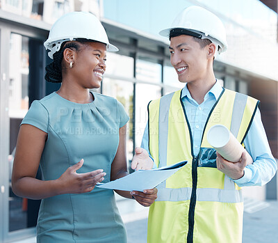 Buy stock photo Diversity, architect man and business woman in collaboration conversation, building or planning startup company. Teamwork, male engineer or female entrepreneur talk strategy, contract or construction