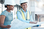 Architect, team and building blueprint for planning at construction site for architecture design outside. Happy builder or contractor in teamwork smile holding paper layout for industrial development