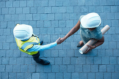 Buy stock photo People handshake on site, architect partnership with engineer in construction and welcome b2b in Atlanta. Industrial designer with blueprint, contractor collaboration and project teamwork top view