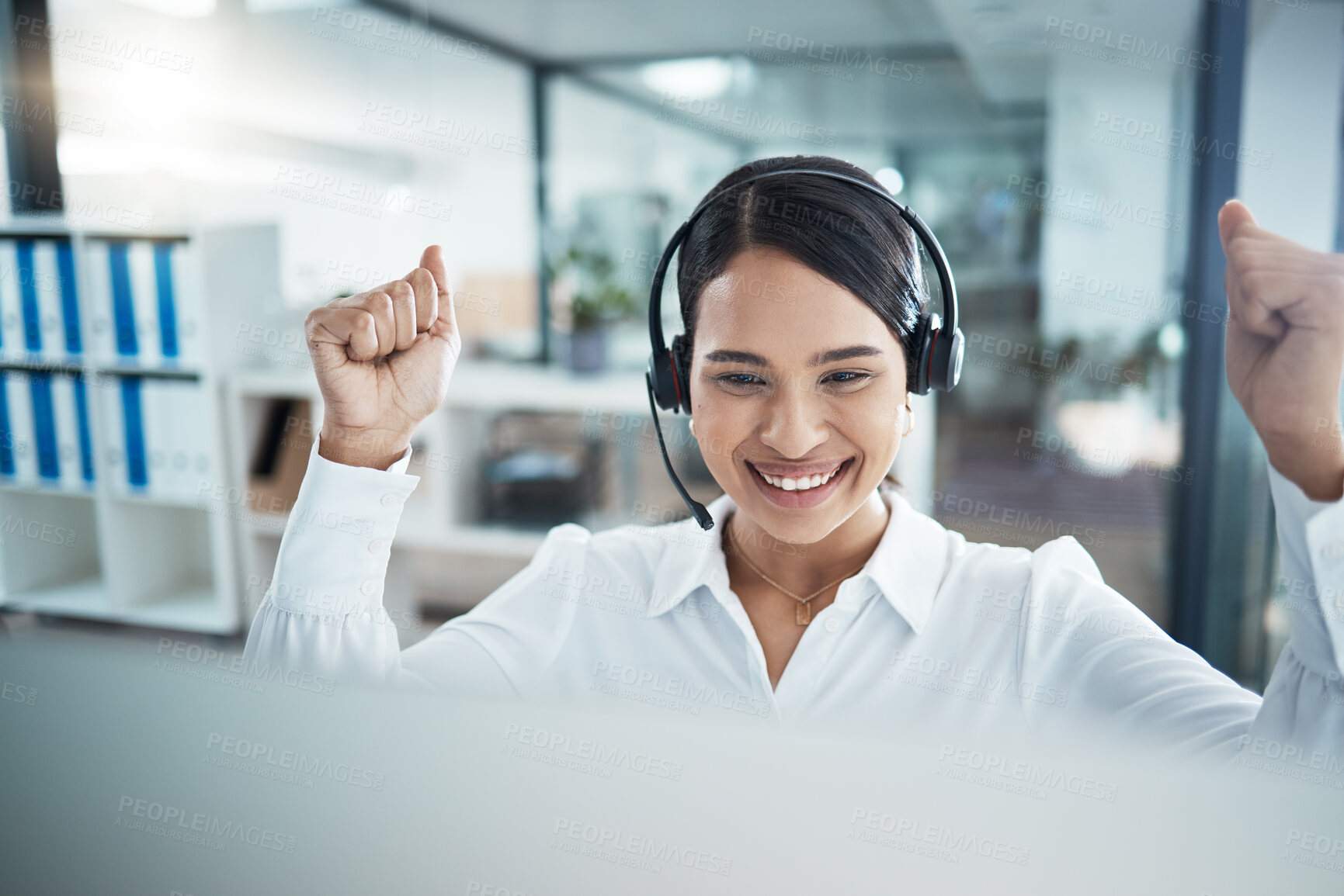 Buy stock photo Call center, success and employee in celebration, consulting and working with motivation on the internet at work. Customer service worker with smile for support, achievement and win in telemarketing 