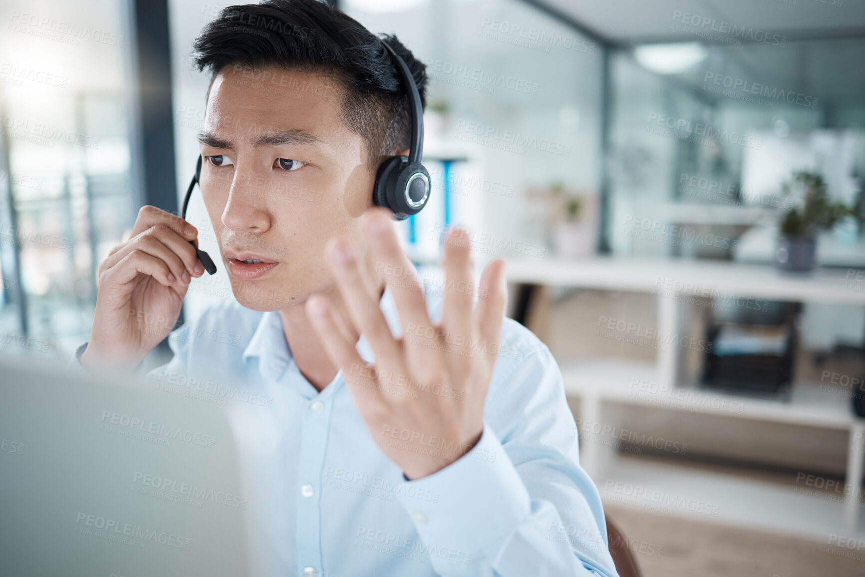 Buy stock photo Call center stress, confused man and telemarketing agent anxiety, doubt and challenge angry customer service question, problem and crm contact. Frustrated, worried and fail business salesman crisis