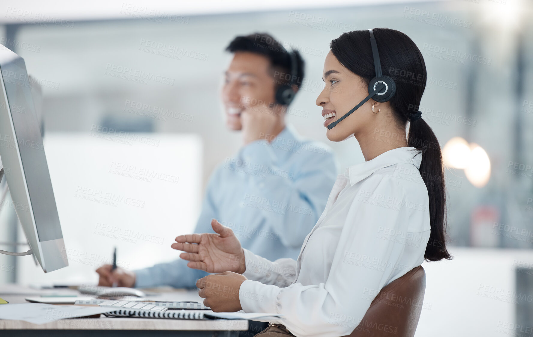 Buy stock photo Business, call center employee and customer service consultant working support or telemarketing. Contact us, diversity in workplace and help client, young woman and man with headset at work desk.

