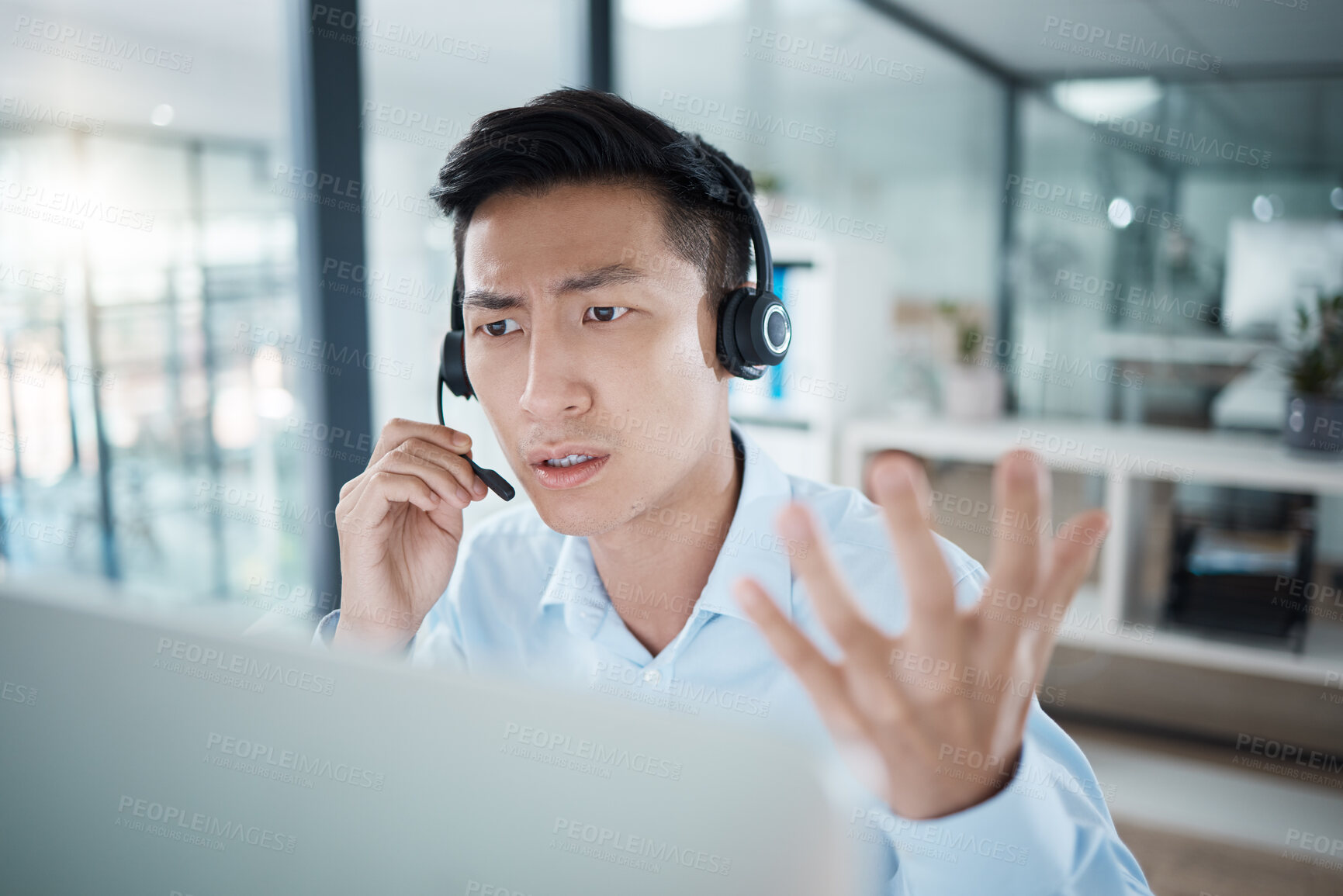 Buy stock photo Stress, confused or computer for call center agent, customer service consultant or crm consulting Vietnamese man in sales deal fail. Contact us receptionist or telemarketing office worker and anxiety