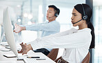 Call center, team stretching and computer office health, wellness motivation and workplace stress management. Telemarketing agent, virtual customer service advisor people breathing exercise at desk