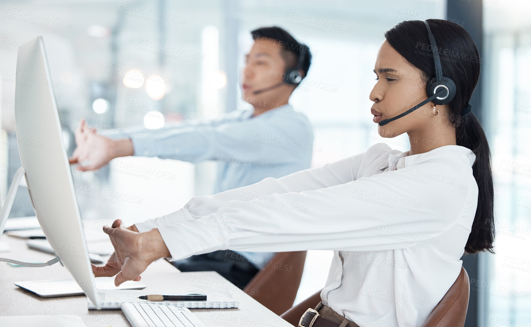 Buy stock photo Call center, team stretching and computer office health, wellness motivation and workplace stress management. Telemarketing agent, virtual customer service advisor people breathing exercise at desk