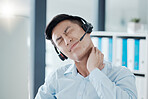 Man, neck and pain in from stress, burnout and tired in customer support, communication and telemarketing. Asian, neck and hand for massage after hurt from work in crm, support and help in Tokyo