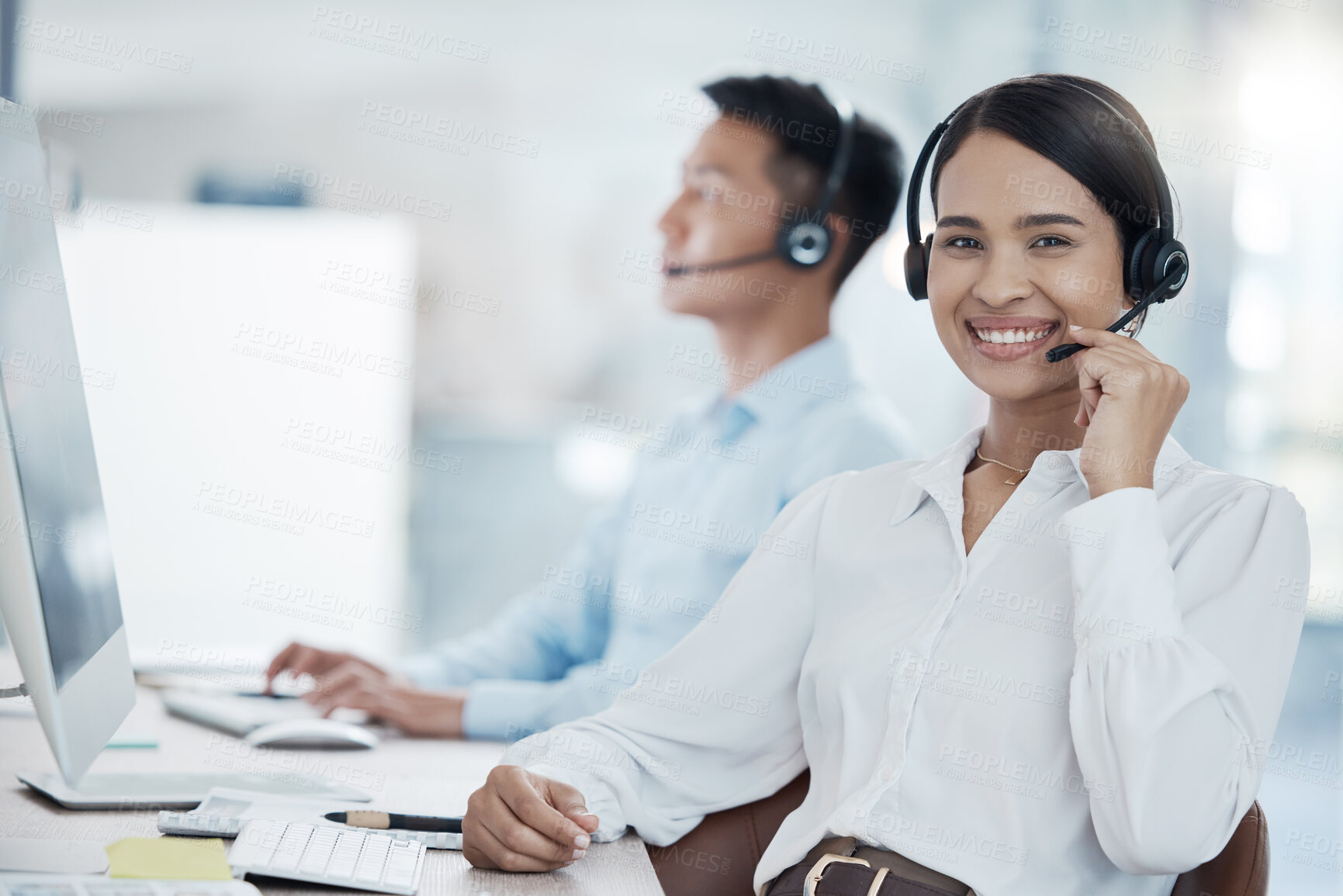 Buy stock photo Telemarketing, sales or woman customer service consultant talking on headset. Job, crm or call center worker consulting an call for customer support. Portrait with contact us on our help desk line