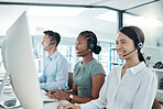 Call center, telemarketing or customer support consultants working on computer in a modern office. Diversity, crm and happy employees consulting for ecommerce, sales and customer service with tech.