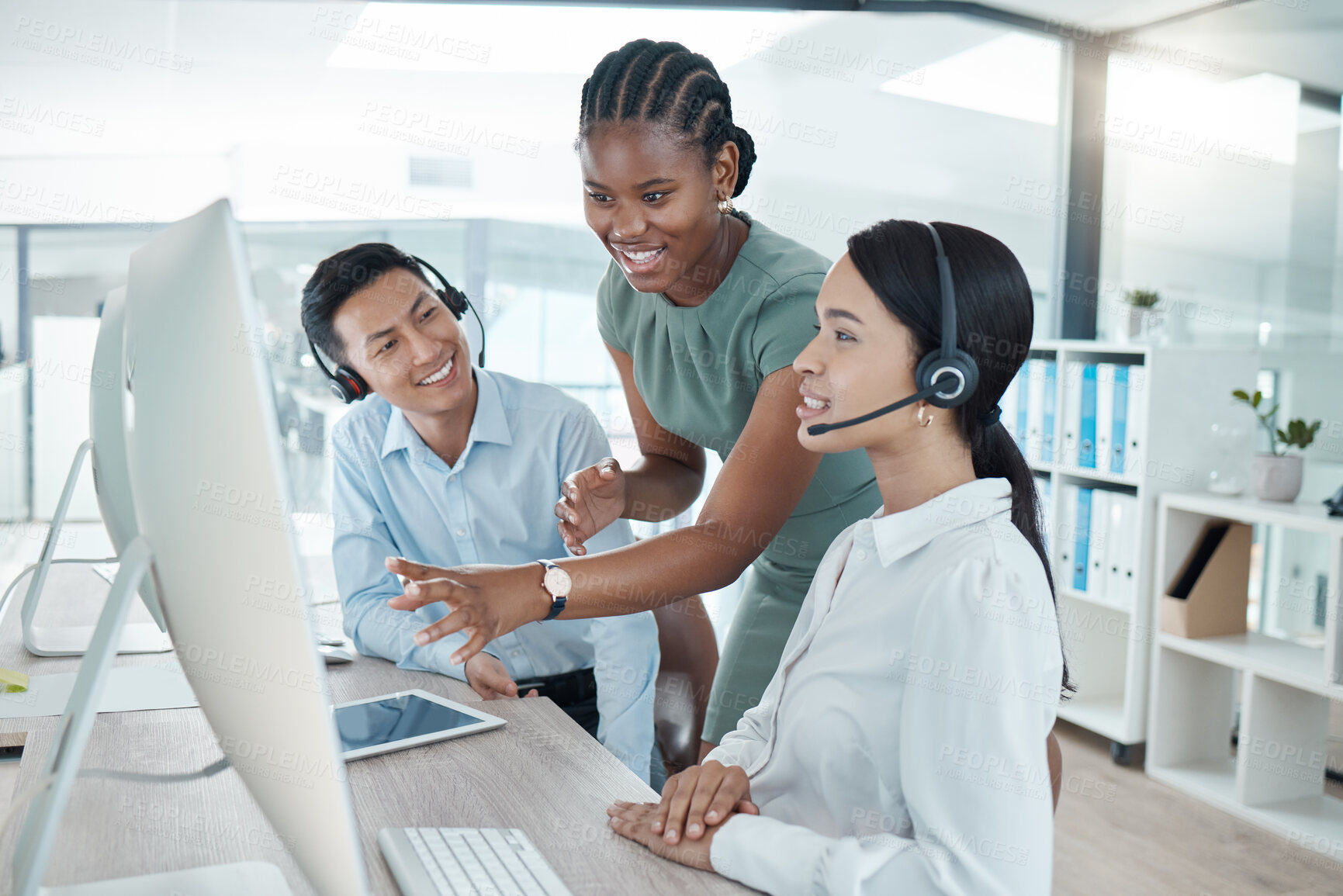 Buy stock photo Call center, customer service worker and teamwork or training and coaching with manager on client call.  Diversity, headset and computer to work, consulting and telemarketing, leadership and support