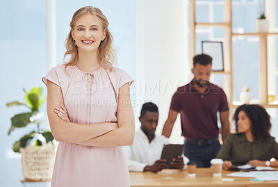 Buy stock photo Startup business leader, woman boss and empowerment in office with equality. Female leadership, success and confidence in corporate industry. Happy, smile and a portrait of woman at work in boardroom