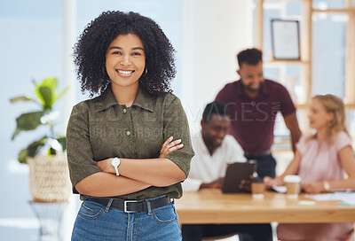 Buy stock photo Black woman, leader and crossed arms in office, workplace and happy group project, startup company or confident. Proud female, lady worker or smile for successful strategy, planning or in workspace  