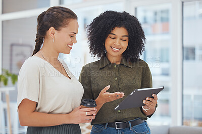 Buy stock photo Happy business women, tablet planning and office collaboration for marketing team ideas, web design analytics and social media advertising strategy. Employees working on digital tech for productivity