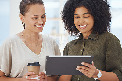 Buy stock photo Working, digital planning and tablet work of women workers on a coffee break together. Internet strategy, marketing tech content plan and online innovation of happy advertising employees in a office 
