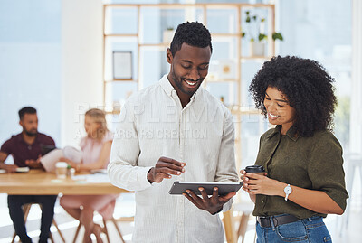 Buy stock photo Happy, business people and success on tablet for team collaboration or meeting at the office. Black man and woman working on touchscreen in research for company marketing and advertising in workplace