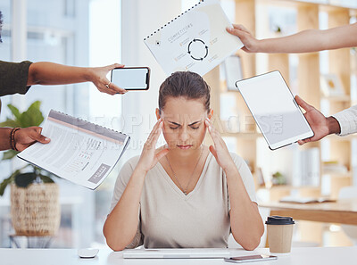 Buy stock photo Stress, headache, and time management of business woman with project document, tablet and a phone call mock up in hands. Burnout corporate worker with KPI report, administration and technology mockup