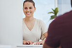 Bank woman on computer consulting customer apply for mortgage loan, insurance or support with finance banking account. Happy, office smile or consultant financial advisor help client with investment 