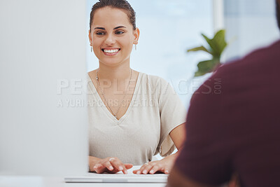 Buy stock photo Bank woman on computer consulting customer apply for mortgage loan, insurance or support with finance banking account. Happy, office smile or consultant financial advisor help client with investment 