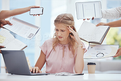 Buy stock photo Businesswoman stress, anxiety and burnout in busy office of poor time management, tax audit and company crisis. Overworked, sad and frustrated worker struggle in challenge, problem and deadline worry