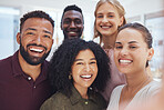 Happy, friends and portrait smile for selfie at the office for meeting or team building exercises together at work. Diverse group of creative people in happiness smiling for company friendship photo