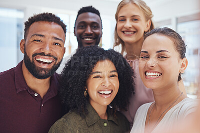 Buy stock photo Happy, friends and portrait smile for selfie at the office for meeting or team building exercises together at work. Diverse group of creative people in happiness smiling for company friendship photo