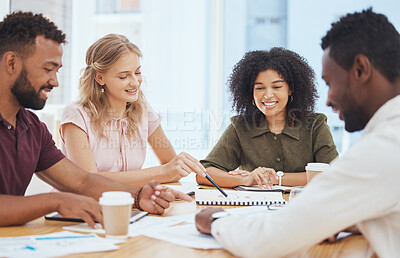 Buy stock photo Business meeting, teamwork and paper planning, strategy report and kpi financial stats for analysis, discussion and collaboration in marketing office. Happy employees group working on document ideas
