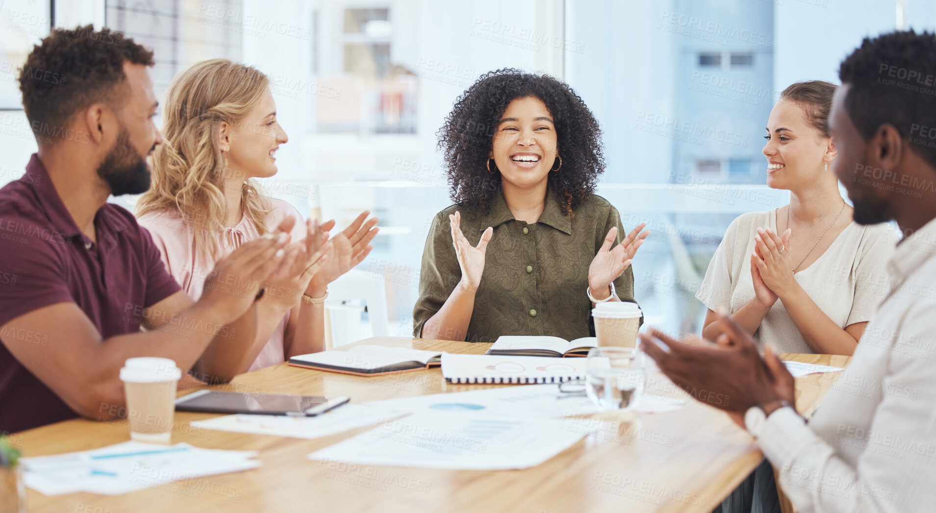 Buy stock photo Success, applause and team celebration in office for startup business meeting and announcement. Congratulations, clapping hands and victory, support for winner teamwork, achievement and collaboration