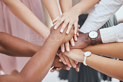 Buy stock photo Collaboration, diversity and support hands of people come together for teamwork, goal motivation and community. Partnership, solidarity and business employee cooperation for startup company success