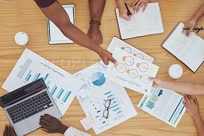 Buy stock photo Hands table with finance paper, graphs and big data during teamwork meeting with accounting or marketing team. Above planning budget, laptop or growth development zoom in of seo team doing research