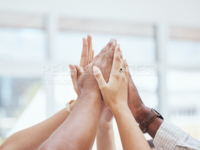 Buy stock photo Hands high five, employee teamwork and business staff excited support corporate goal mission or target kpi success. Company team building event, group collaboration for motivation and startup growth 