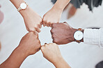 Fist in circle, corporate team building and diversity in business employee teamwork for support or group motivation. Company staff, hands together to show unity and people power collaboration at work
