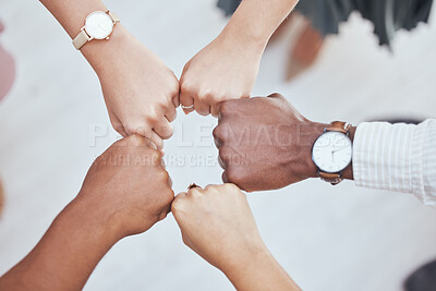 Buy stock photo Fist in circle, corporate team building and diversity in business employee teamwork for support or group motivation. Company staff, hands together and show people solidarity or collaboration at work 