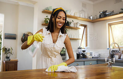 Buy stock photo Home cleaning, black woman and happy spring clean day of a person in a kitchen. Happiness of a person from Guatemala with a smile and rubber hygiene gloves in a house ready for a household chore