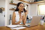 Woman, phone and laptop on talk for remote work with notebook in communication, phone call or conversation. Girl, talking and working on internet in marketing, social media or SEO with tech in home