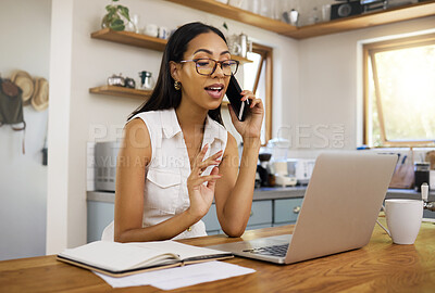 Buy stock photo Woman, phone and laptop on talk for remote work with notebook in communication, phone call or conversation. Girl, talking and working on internet in marketing, social media or SEO with tech in home