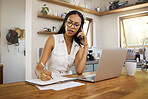 Business woman, professional and entrepreneur on phone call talking while working remote on laptop in home. Freelancer answering to chat, network and consulting with clients while planning notes